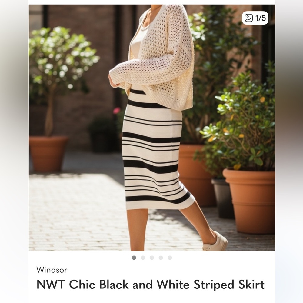 Windsor Black and White Striped Midi Knit Skirt